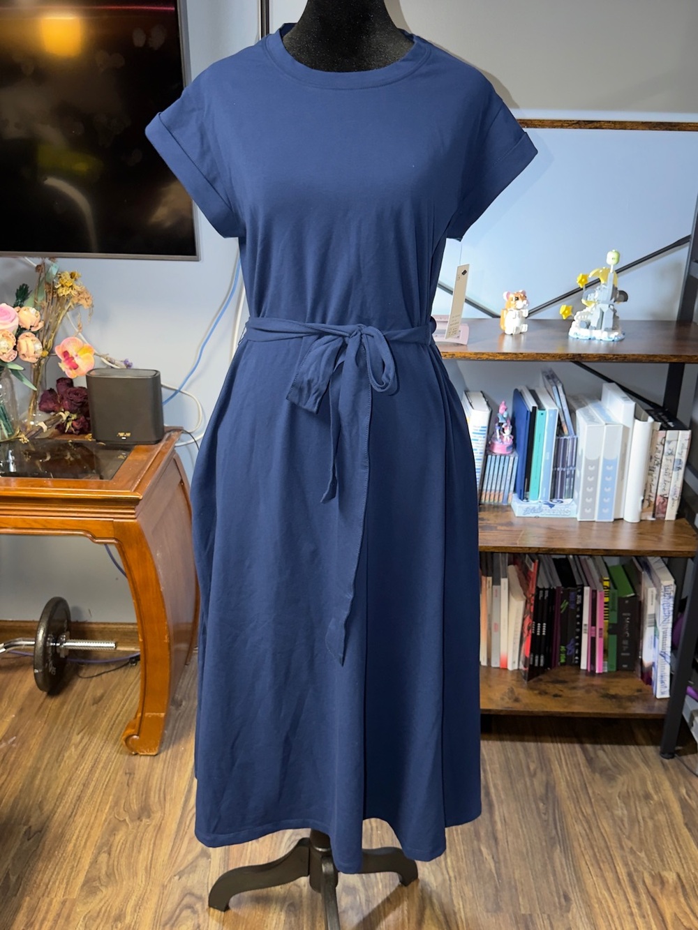 Dkny Navy Tie-Waist Midi Dress with Side Pockets